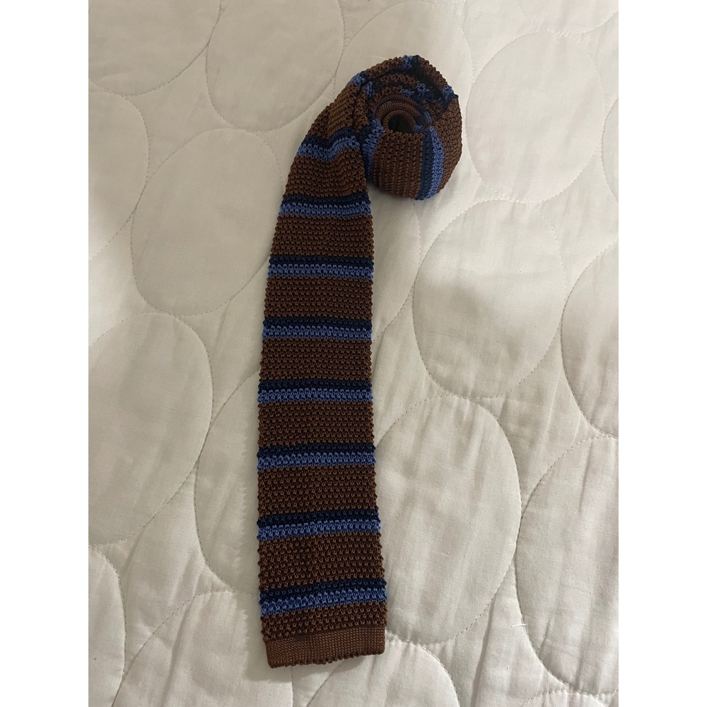 Robert Jensen Silk Knit Tie Brown Blue Striped Made in Italy Square End Mens